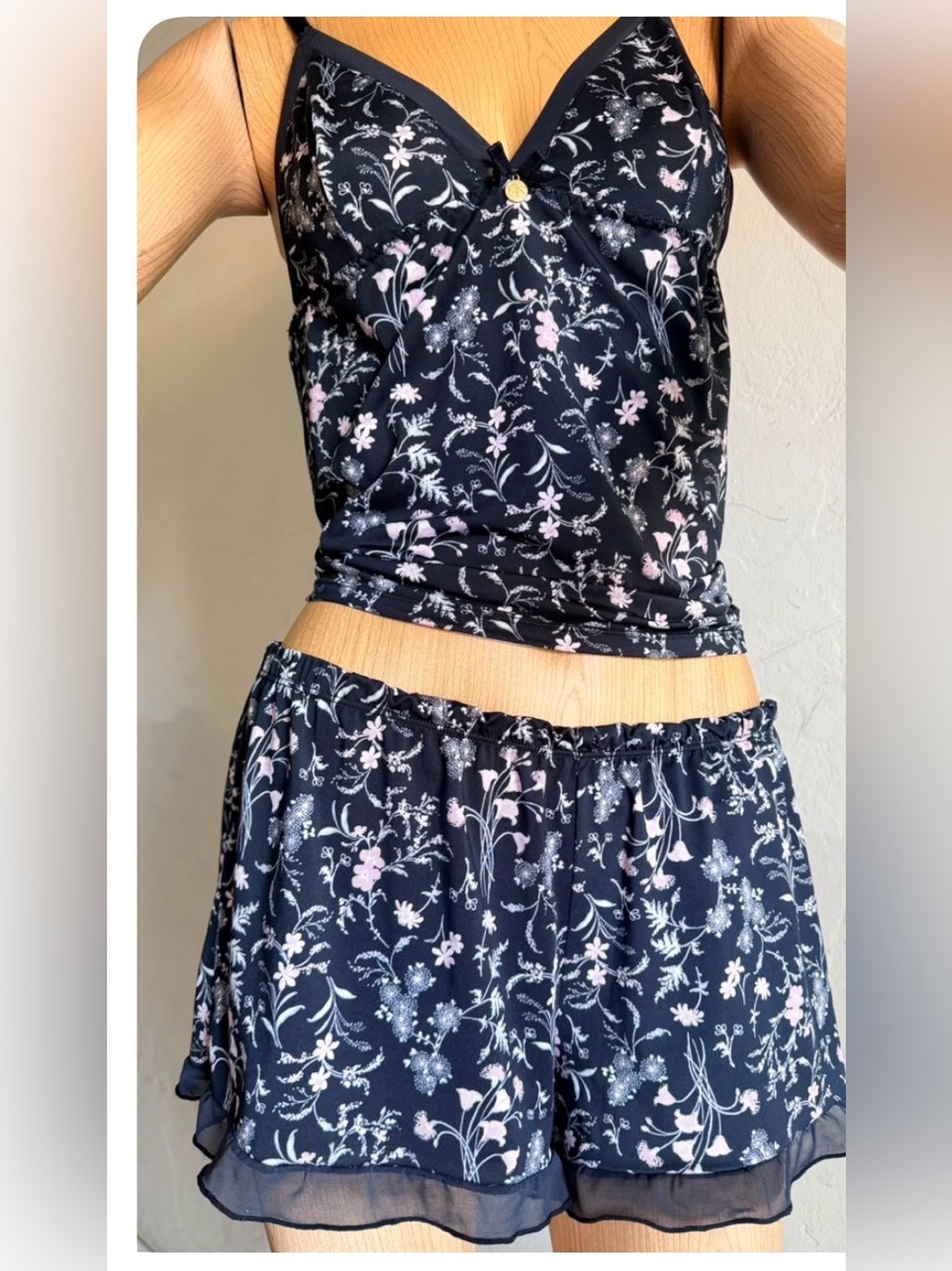 Jessica Simpson Floral Cami & huRuffle Shorts Pajama Sleep Set Black Pink Size M